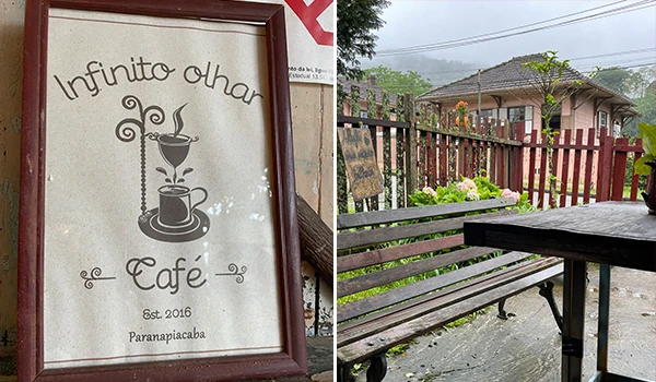 Café com criatividade e ambiente ao ar livre em uma locação charmosa, com área externa, jardim, banco de madeira e vista para uma casa com chuva, ideal para quem busca um café confortável em Paranapiacaba, inspirado no conceito de infinito olhar.