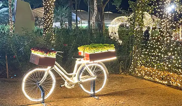 Bicicleta decorativa iluminada na noite, decorada com luzes especiais, ideal para festas ou decoração urbana. Cenário festivo com árvore iluminada ao fundo.