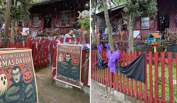 Casa decorada para o Dia das Bruxas com símbolos assustadores, fantasias e enfeites de Halloween, incluindo uma paleta de cores vibrantes e detalhes temáticos.