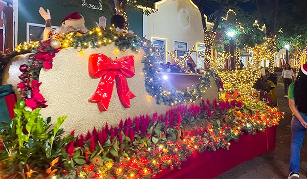 Decoração de Natal com luzes, árvores e enfeites festivos em uma praça, perfeita. Parada de Natal de Holambra.