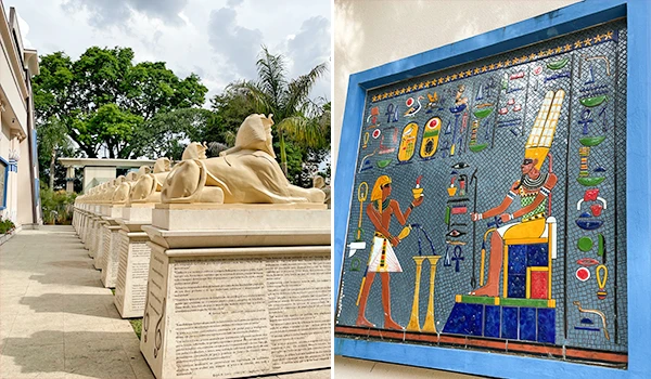 Imagem de duas obras de arte distintas, uma com esculturas de figuras humanas reclinadas ao ar livre e outra com uma pintura colorida com símbolos egípcios e divindades.