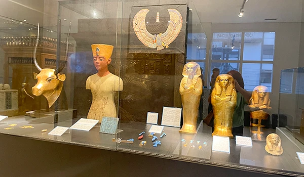 Exposição de objetos históricos e artefatos do antigo Egito, incluindo cabeças de múmias, estatuetas e símbolos religiosos, exibidos em uma vitrine de museu.