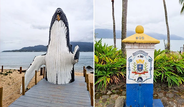 Imagem de uma baleia de madeira na praia de Búzios com vista para o mar ao fundo, e uma placa de sinalização colorida ao lado de árvores. Ilhabela turismo e casamentos.