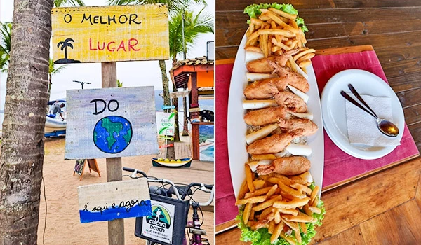 Imagem de uma placa de sinalização que diz 'O melhor lugar do mundo aqui é água', ao lado de uma refeição de filé de peixe com batatas fritas em um restaurante ao ar livre.