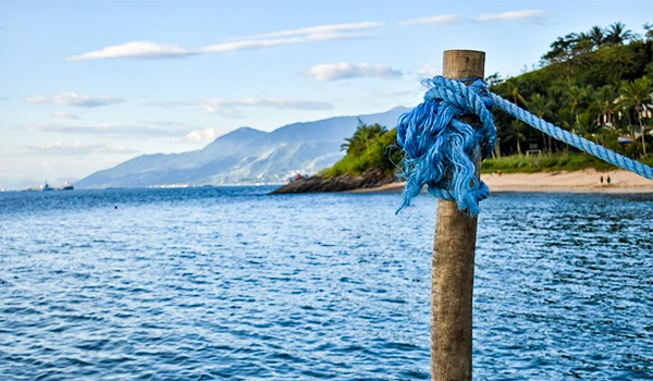 Poção de madeira com uma corda azul amarrada, próximo a costa de praia com água azul e vegetação tropical ao fundo.