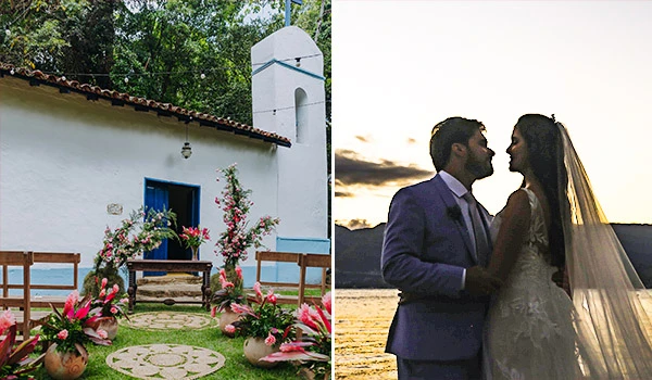 Imagem de um casamento ao pôr do sol, com uma cerimônia ao ar livre e um casal apaixonado se olhando, em cenário romântico e envolvente.