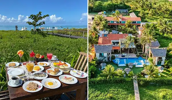 Imagem de uma paisagem com uma vista para o mar e uma mesa de café da manhã ao ar livre, ao lado de uma vista de uma pousada com piscina e muitas plantas tropicais, ideal para quem busca destinos de férias na praia.