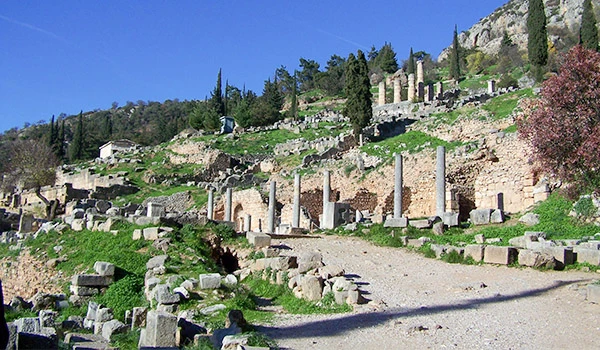 Ruínas antiguas na encosta de uma colina com colunas de pedra e restos de construções, cercadas por vegetação e árvores, sob céu azul claro.