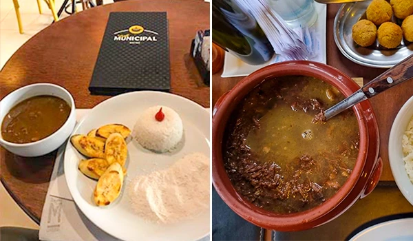 Barreado brasileiro com arroz, feijão, banana frita e caldo de carne, servido em mesa de restaurante. Onde comer em Curitiba.