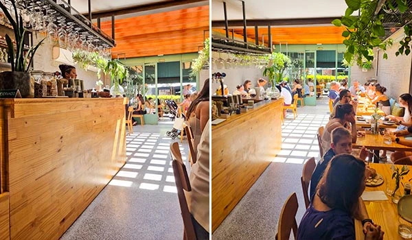 Fotografia de uma sala de restaurante bastante movimentada, com clientes sentados em mesas de madeira, ambiente bem iluminado com luz natural, decoração moderna com plantas e uma área de bar ao fundo, cantinhos charmosos de SP.