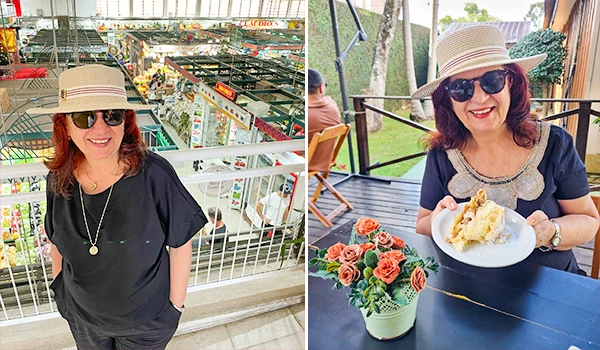 Imagem de uma mulher sorridente com chapéu e óculos, vestindo uma blusa preta, em diferentes ambientes: supermercado e área de lazer ao ar livre.