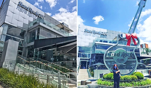 Imagem da loja Apple Store com fachada moderna e uma porta de vidro, e uma escultura gigante de guitarra decorativa na frente, símbolo do restaurante. Onde comer em Curitiba.