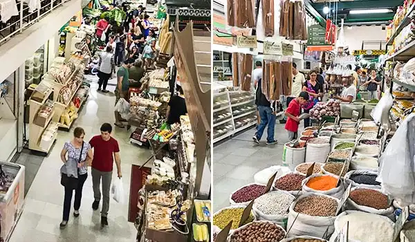 Fotos de consumidores fazendo compras em um supermercado, navegando por corredores repletos de produtos diversos, incluindo alimentos, essas imagens mostram um ambiente movimentado e organizado.