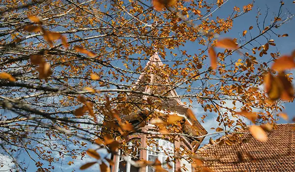 Foto de uma casa casa com uma torre estilo castelo, entre árvores com folhas cor terrosa, típicas da meia estação: outono em Canela.