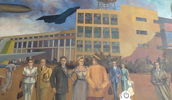 Mural retratando pessoas em frente a um avião, com edifícios ao fundo, em estilo artístico com cores vibrantes, representando uma cena urbana e de viagem.