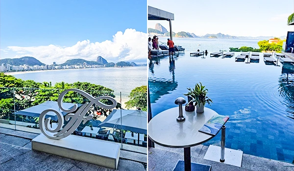 Imagem de um dos hotéis de luxo no Rio de Janeiro, incluindo uma piscina de borda infinita e clima relaxante e com vista para a baía.