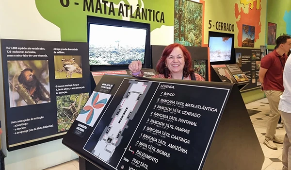 Exposição na sala de museu apresentando a história da Mata Atlântica, com painéis explicativos e mapas em destaque, promovendo conhecimento sobre a biodiversidade e conservação dessa região. Atrações do Museu Catavento.