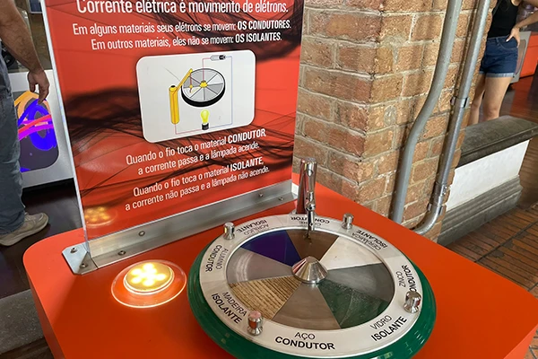 Demonstração interativa sobre a corrente elétrica e o movimento de elétrons, destacando a função do condutor, isolante e materiais metálicos na eletricidade. Atrações do Museu Catavento.