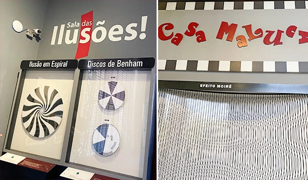 Exposição na 'Sala das Ilusões' com discos de Benham e efeito moiré em uma parede interativa. Atrações do Museu Catavento.
