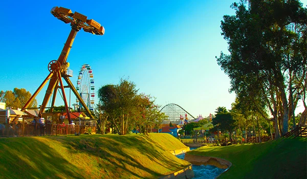 Imagem de um parque de diversidade com brinquedos de parque de diversões, árvores e uma roda gigante ao fundo, cenário perfeito para diversão e lazer, atrações do Hopi Hari,
