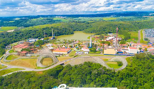 Imagem de um parque de diversidade com brinquedos de parque de diversões, árvores e uma roda gigante ao fundo, cenário perfeito para diversão e lazer. Atrações do Hopi Hari.
