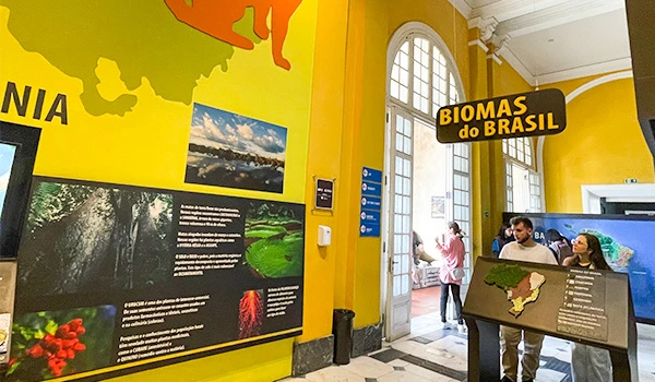 Exposição sobre Biomas do Brasil destacando a biodiversidade nacional com painéis informativos e visitantes apreciando a mostra. Atrações do Museu Catavento.