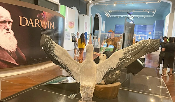 Exposição no parque temático mostrando uma estátua em destaque e visitantes apreciando as atrações relacionadas à teoria da evolução de Darwin.