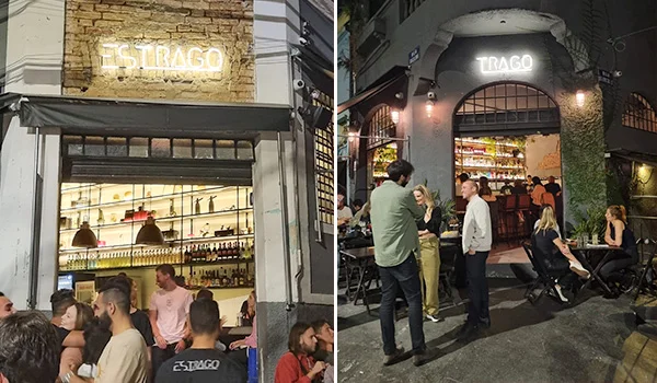 2 fotos do Bar Estrago, feitas a noite com clientes nas mesas da calçada ao ar livre e em pé, uma das coisas legais para fazer na Barra Funda.