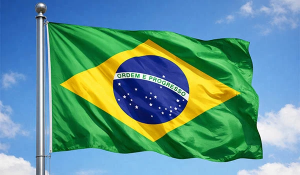 Bandeira do Brasil verde e amarela com o lema “Ordem e Progresso” em céu azul, haste metálica ao lado e nuvens ao fundo. Cidades dos Estados Unidos na Copa.