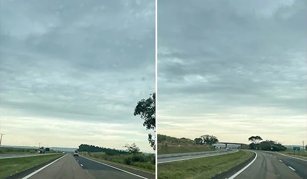 2 fotos da estrada que leva à cidade de Mococa no interior de São Paulo, mostrando pista tranquila sem carros.