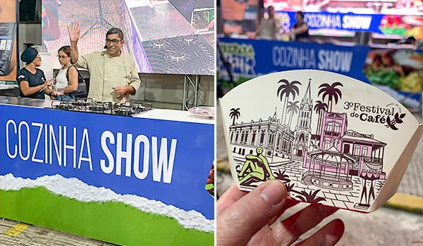 2 fotos, uma do Chef Marcelo Figueiredo e outra da caixa onde foram servidas as degustações no Festival do Café de Mococa.
