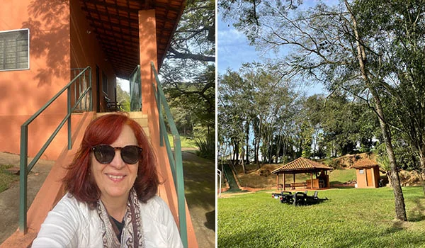 2 fotos da Chácara dos Sonhos com Deusa Rodrigues na entrada da casa e outra do lado externo.