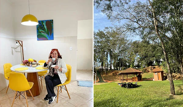 2 fotos, uma de Deusa Rodrigues sentada na bonita cozinha da Chácara dos Sonhos e outra da área externa com gramado e churrasqueira.