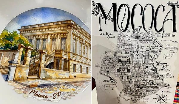 Foto de 2 gravuras, uma de um casarão e outro do mapa de Mococa. Festival do Café de Mococa.