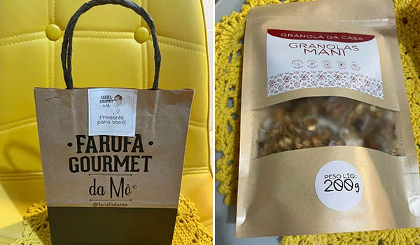 2 fotos uma da Farofa Gourmet da Mê e outra da Granolas Mani de Mococa.