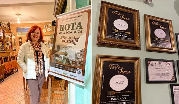 Foto de Deusa Rodrigues na entrada do Restaurante Mirabile e também de quadros sobre o "Garfo de Ouro".