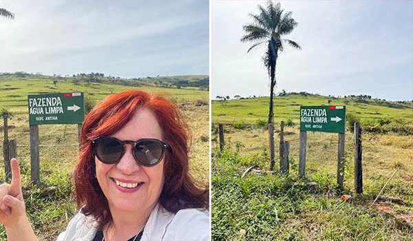 2 fotos uma Deusa Rodrigues na entrada da Fazenda Água Limpa e outra da entrada em meio ao verde do local.