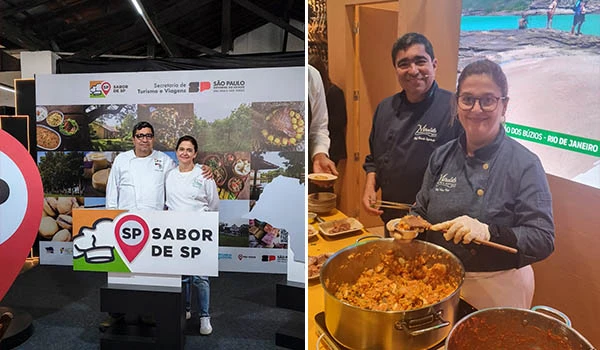 Fotos de evento gastronômico com a equipe em estande de feira. Há um banner “Sabor de SP” ao fundo, e duas pessoas vestidas com aventais seguram uma panela com comida.