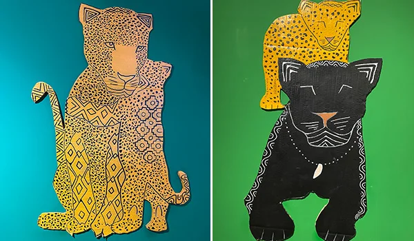 2 imagens de gravuras de onça pintada e onça preta no Museu da Arte Indígena
