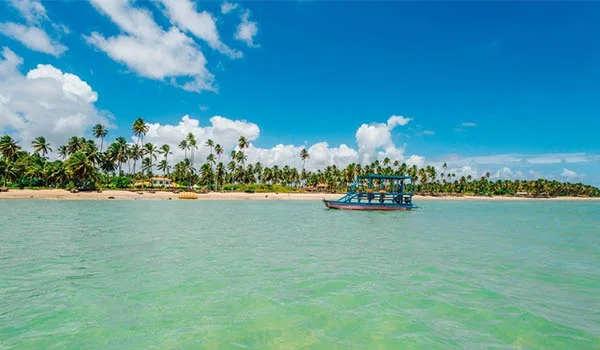 Foto de uma praia de Alagoas com barco e a praia com diversos coqueiros, na Lua de Mel América Latina.