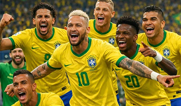 Seleção brasileira em campo comemorando: jogadores de amarelo e verde abraçam e erguem o punho com expressão de alegria. Cidades dos Estados Unidos na Copa.