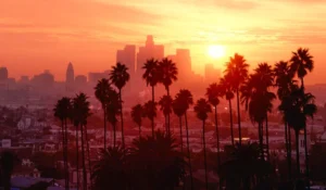 Foto do entardecer em tons de rosa e vermelho, onde se observa palmeiras e prédios ao fundo de Los Angeles, nos Estados Unidos.