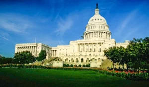 Foto do imponente Capitólio de Washington em contraste com céu azul e gramado e árvores.