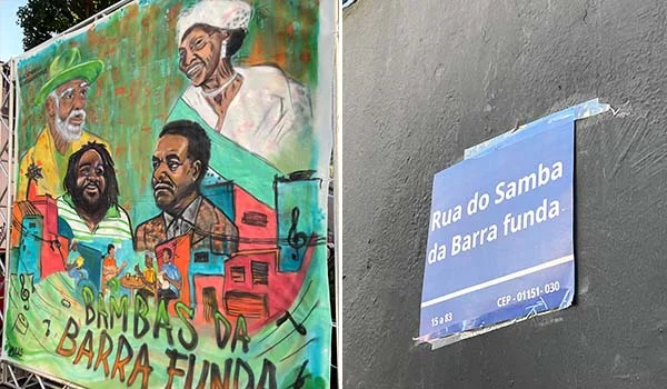 2 fotos uma com um painel com gravura de sambistas e outra da placa Rua do Samba, uma das coisas legais para fazer na Barra Funda.