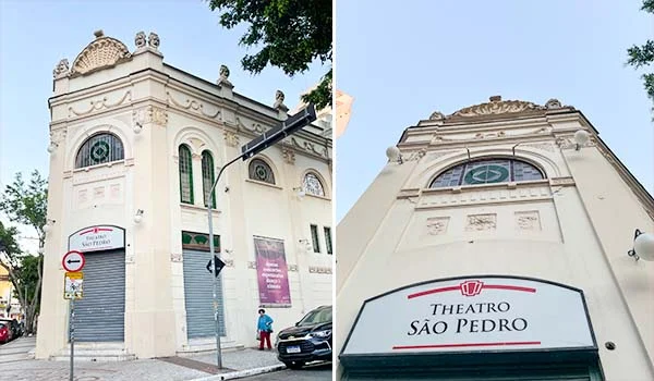 2 fotos da fachada do tradicional Theatro São Pedro na Barra Funda.