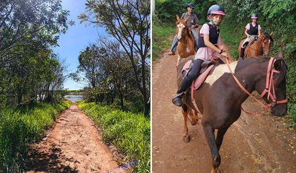 Montagem com duas fotografias. À esquerda, uma trilha de terra cercada por vegetação e árvores, com um lago ou rio visível ao fundo sob céu azul. À direita, três pessoas montadas a cavalo percorrem uma trilha de terra em meio à vegetação; a pessoa em primeiro plano monta um cavalo marrom-escuro e usa capacete vermelho.
