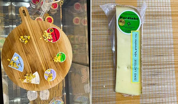 Foto de uma tábua de madeira com vários tipos de queijo e outra de uma fatia do queijo.
