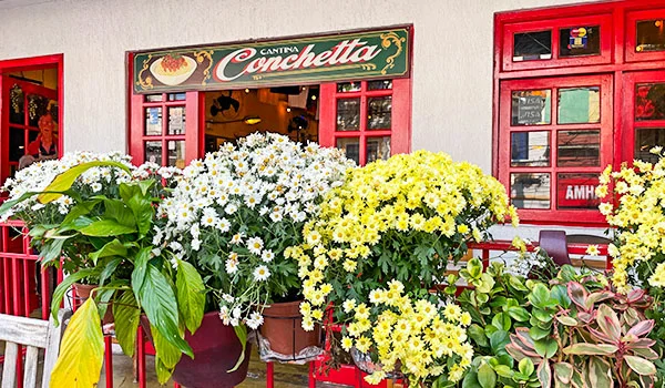Fachada de uma cantina italiana com portas e janelas vermelhas, parcialmente encoberta por vasos repletos de flores brancas e amarelas e folhagens verdes. Acima da entrada, uma placa verde e vermelha identifica a Cantina Conchetta. O que fazer no Bixiga.