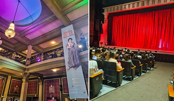 Colagem com duas fotos do Teatro Renault: à esquerda, o saguão ornamentado e iluminado do teatro, com um cartaz de espetáculo ao centro; à direita, o interior da sala de espetáculos, com o público sentado diante de um palco com cortinas vermelhas fechadas. O que fazer no Bixiga.