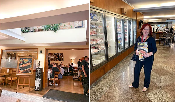 Colagem com duas fotos do interior de um restaurante. À esquerda, a entrada, com mesas e cadeiras de madeira, um quadro de pratos e clientes sentados no salão. À direita, Deusa Rodrigues em pé, sorrindo e segurando uma revista, ao lado de grandes vitrines refrigeradas com carnes e outros alimentos; ao fundo, aparecem o balcão e mesas do restaurante.